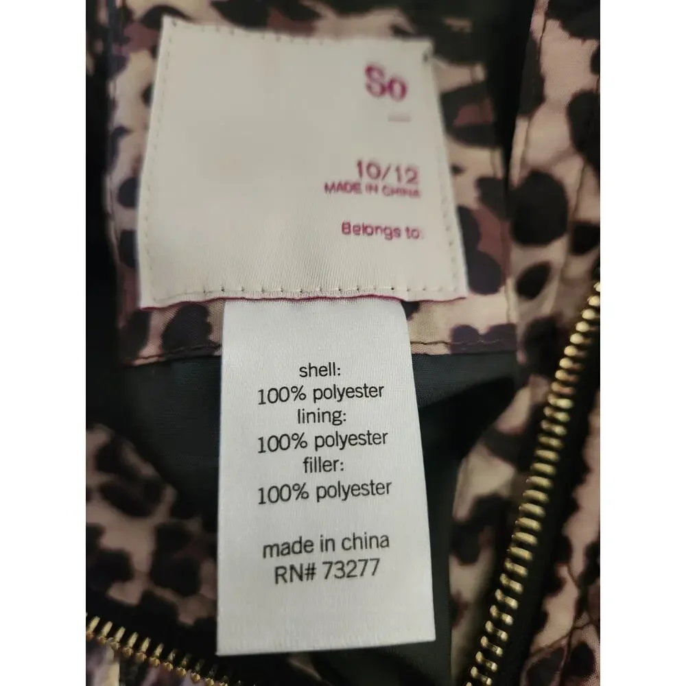 SO Girls Leopard Print Puffer Jacket Size 10/12 Quilted Zip Coat